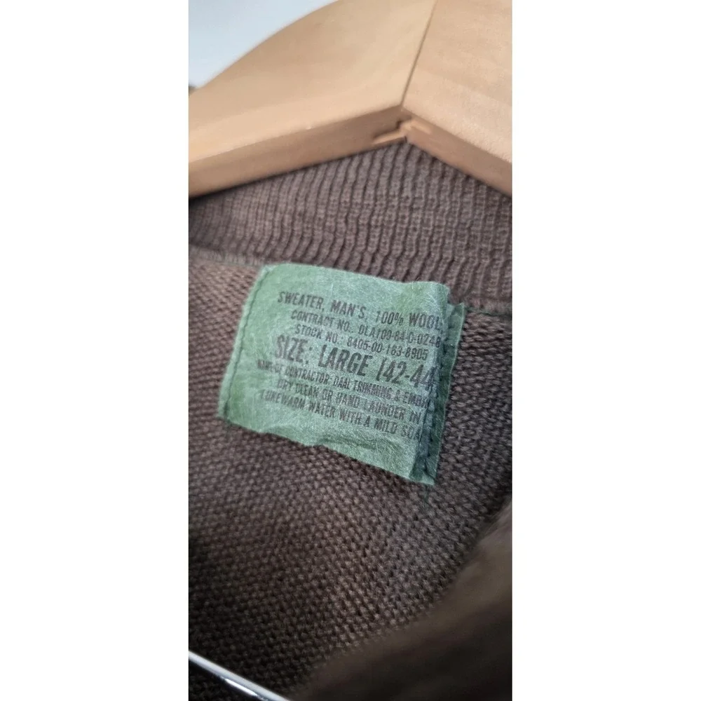 Vintage‎ Army Sweater Shirt Men L 100% Wool 5 Button Military Henley Brown USA